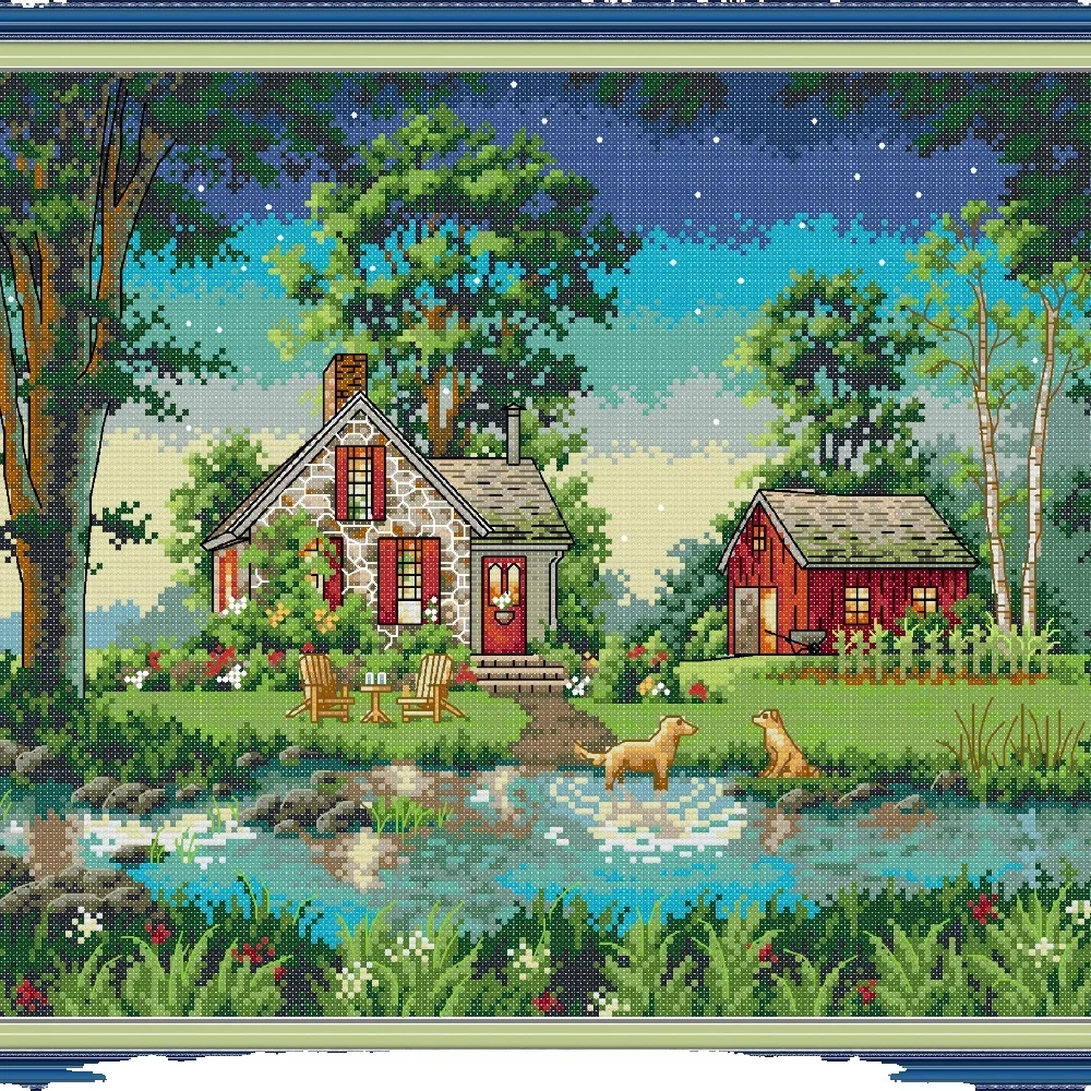 

Joy Sunday Pre-printed Cross Stitch Kit DIY Easy Pattern Aida 14/11CT Stamped Fabric Embroidery Set-Country House