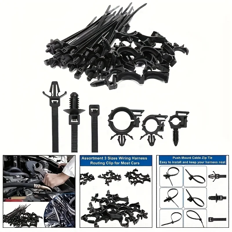 45Pcs Car Cable Ties Push Mount Automotive Wire Harness Clips Self Locking Nylon Zip Tie Fasteners Kit for Engine Bay Management