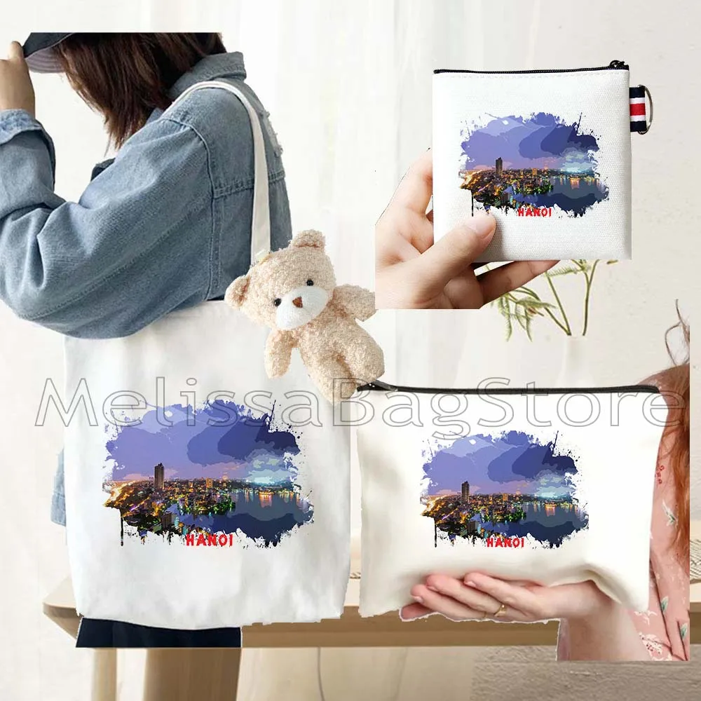 4PCS Gifts Set Hanoi Vietnam White Canvas Tote Bag Handbag with Doll Key Coin Purse Cosmetic Makeup Toilet Bag Case Pouch