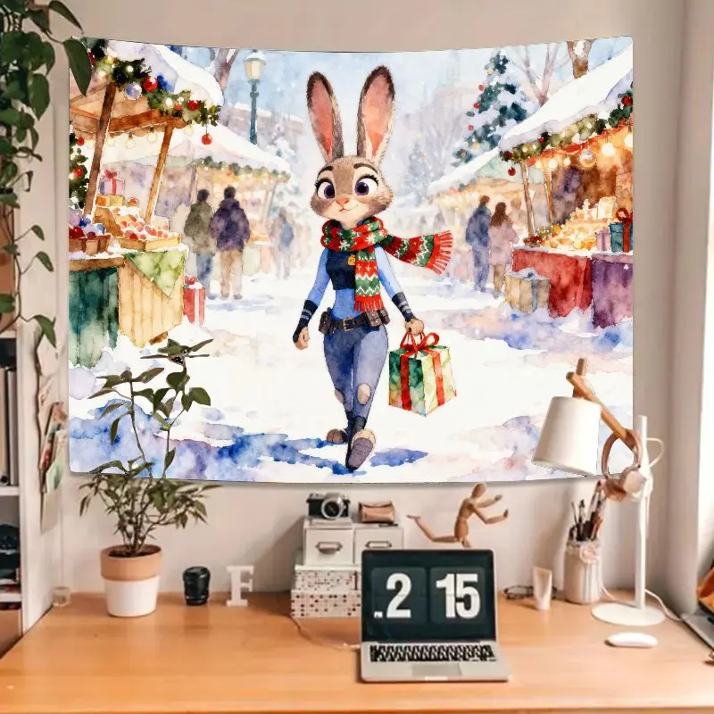 ผ้าแขวนผนังลายซูโทเปีย จูดี้ ฮอปส์ สำหรับคริสต์มาส 1 ชิ้น งานศิลปะสีน้ำสำหรับตกแต่งผนังในช่วงวันหยุดฤดูหนาว ของตกแต่งห้องลายตลาดหิมะในเทศกาล ของขวัญ