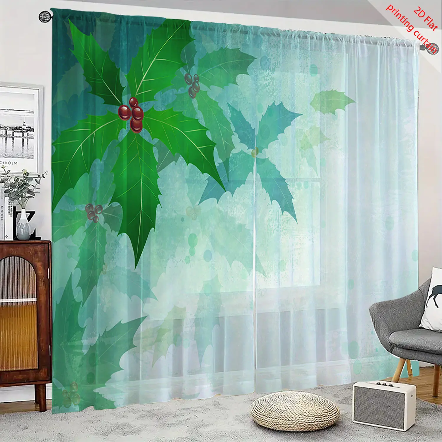 Flamingo feather printed transparent gauze curtain, used for bedroom, living room, balcony windows, aesthetic home decoration