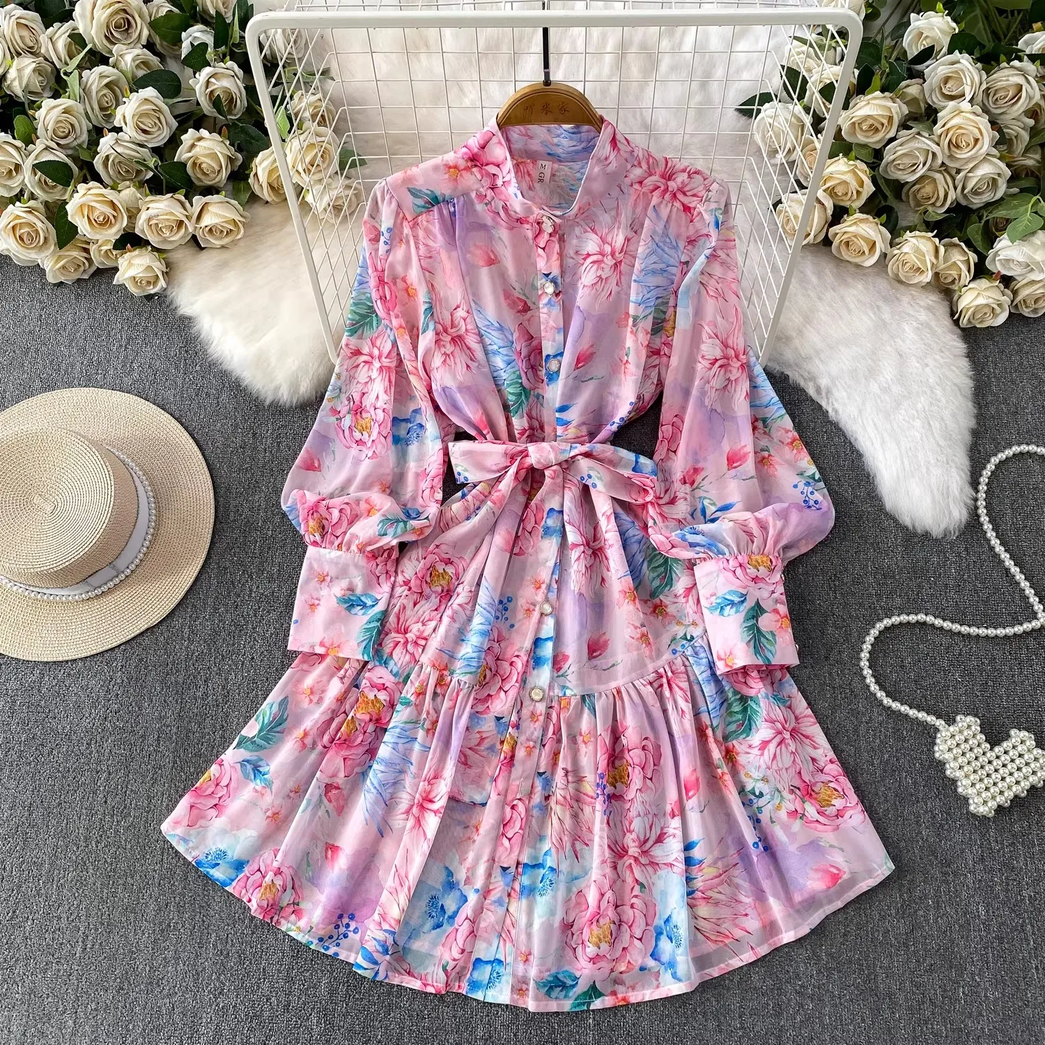 

Floral Print Stand Collar Lantern Sleeve Mini Dress French Style Vintage Belted Daily Fairy Outfit Elegant Women's Clothing