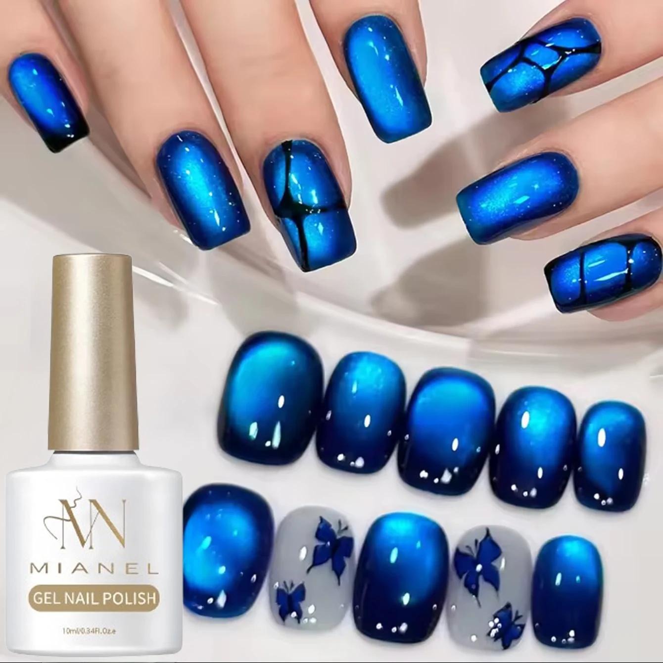 

10ML 1-10PCS Blue Glass Bead Cat Eye Gel Nail Polish Deep Blue Magnetic Gel For French Tip Nails Soak Off UV LED Nail Art Gel