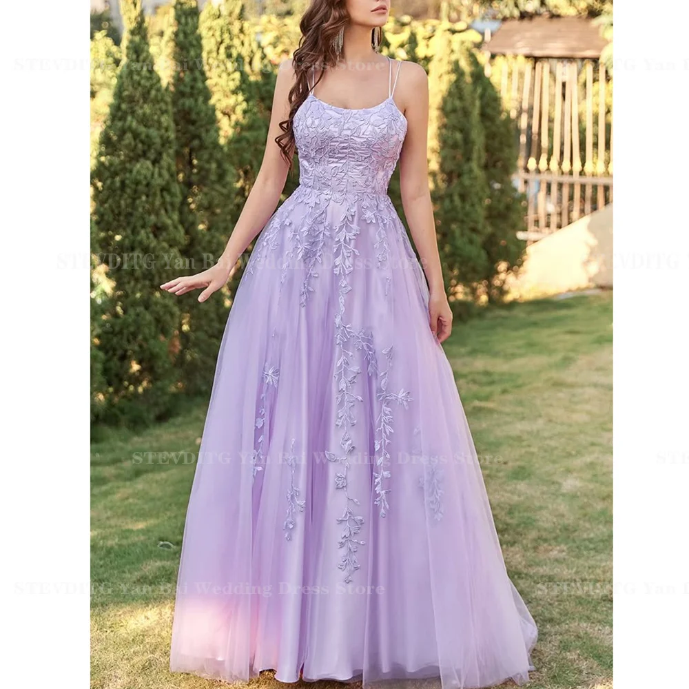 

Light Purple Lace Appliques Prom Dresses For Women Sleeveless Floor Length A-Line Dress Formal Occasion Evening Party Gown