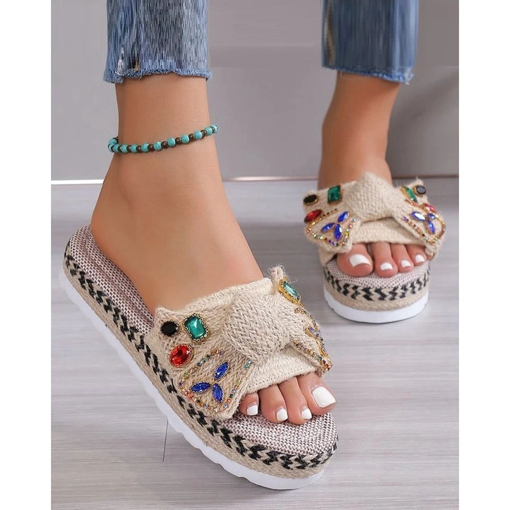 Women Bowknot Gem Stone Decor Wide Strap Ethnic Slippers Summer Vacation Flats Femme Casual Going Out Summer New Fashion Shoes