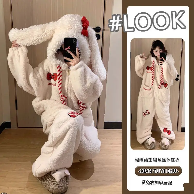 

Winter Hello Kitty Women Cute One-Piece Pajamas Kawaii Sanrio Warm Thickened Flannel Jumpsuit Pajamas Sweet Student Homewear