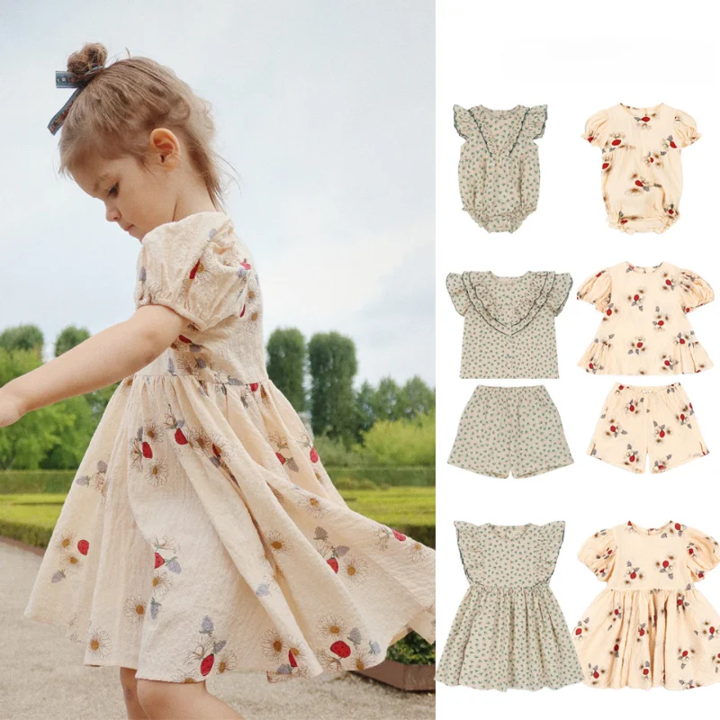 

2024 Girls Princess Dresses Baby Crawling Clothes Sets Matching Summer New Printed Fashion Cotton Cute Short Sleeve Suit Outfits