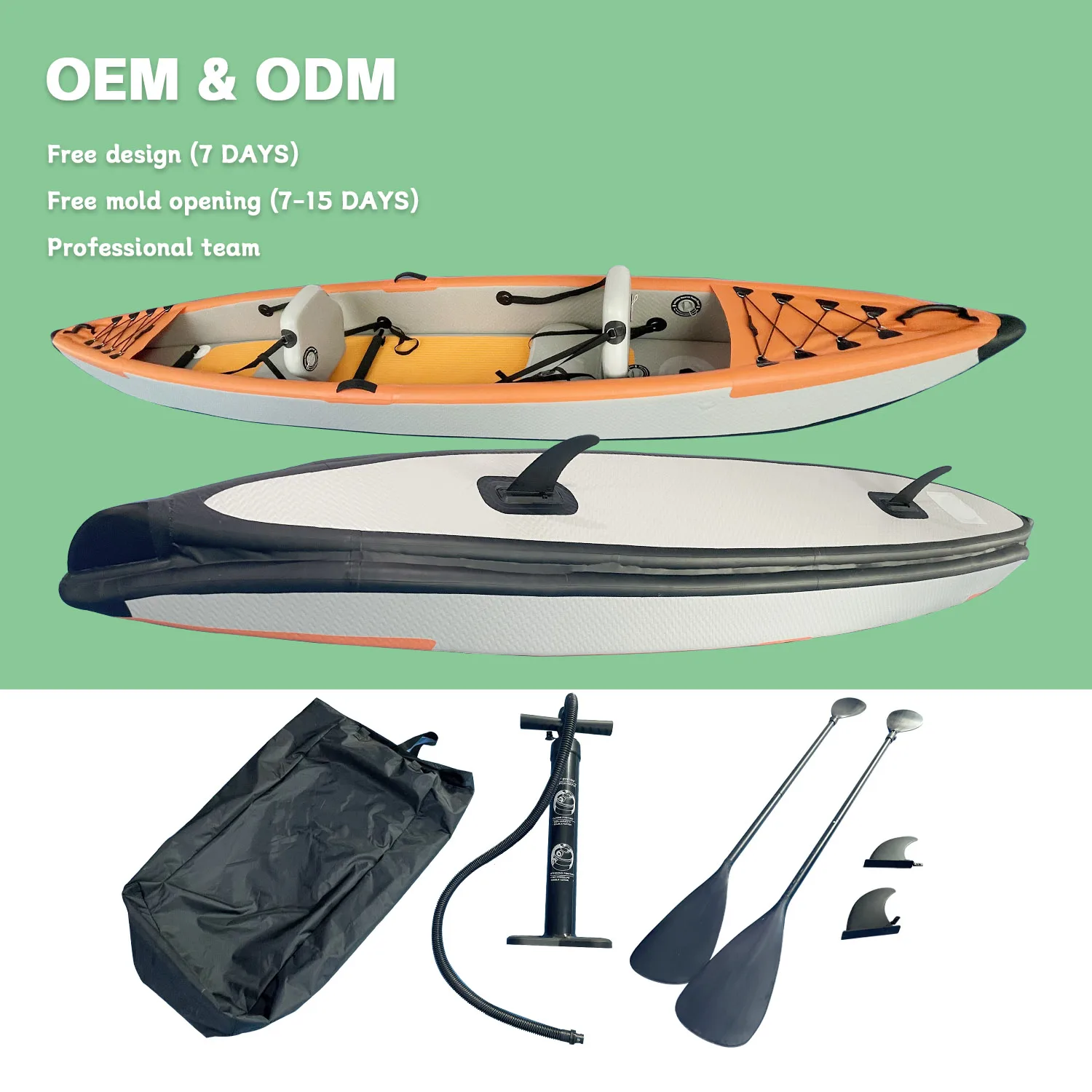 Modular Fishing Inflatable Kayak Canoe Rowing Boat Fishing OEM PVC 2-Person Double Seats Detachable K2 Skiing with Paddles