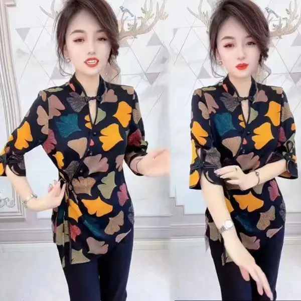 

Свободная модная женская футболка с рукавом до локтя, с принтом, на пуговицах, повседневная, с V-образным вырезом, из смесового полиэстера