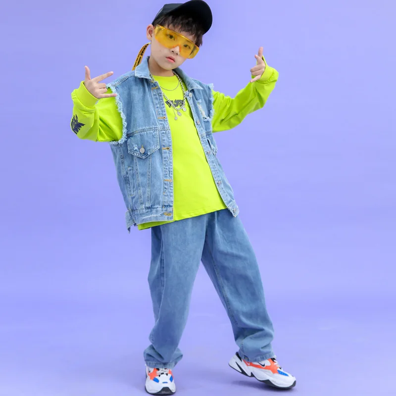 

Boys hip-hop performance suit, street dance, jazz dance three-piece vest, denim, handsome and cool spring and autumn suit, new.
