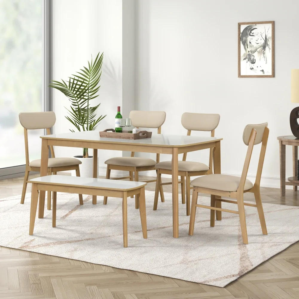 MLG 6-piece Dining Table Set,One Table One Bench and Four Chairs,High Gloss White Tabletop with Light Oak Color,Dining Table Set