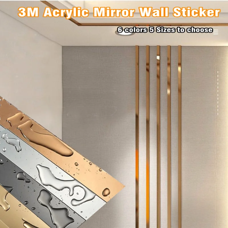 Bande de miroir autocollante murale de 3 mètres, en acrylique plat, lignes décoratives 3D, bande de bordure de plafond, miroir, décoration de salon