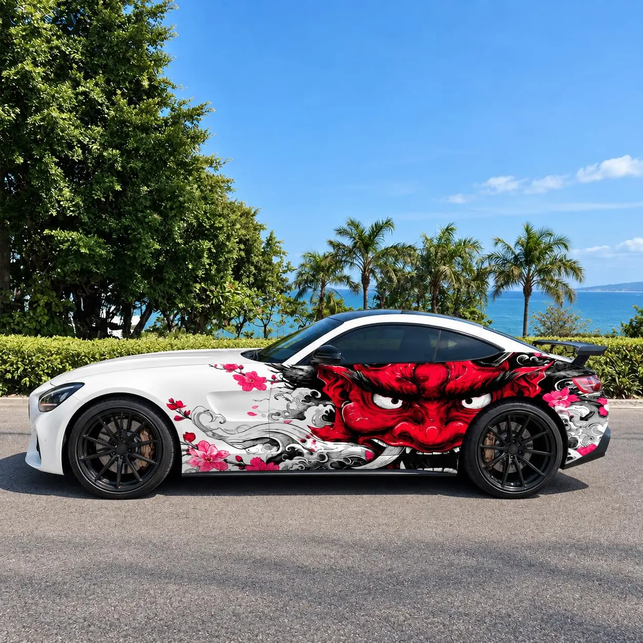 Japanese Oni Demon Car Wrap Vinyl Decal with Cherry Blossom
