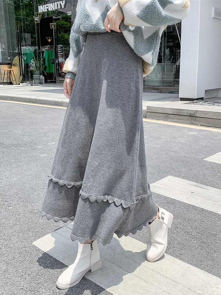 Vintage A-Line Sweater Skirt Women Autumn Winter High Waist Grey Long Skirts Maxi Knit Skirts Korean Fashion Warm Saias Mujer