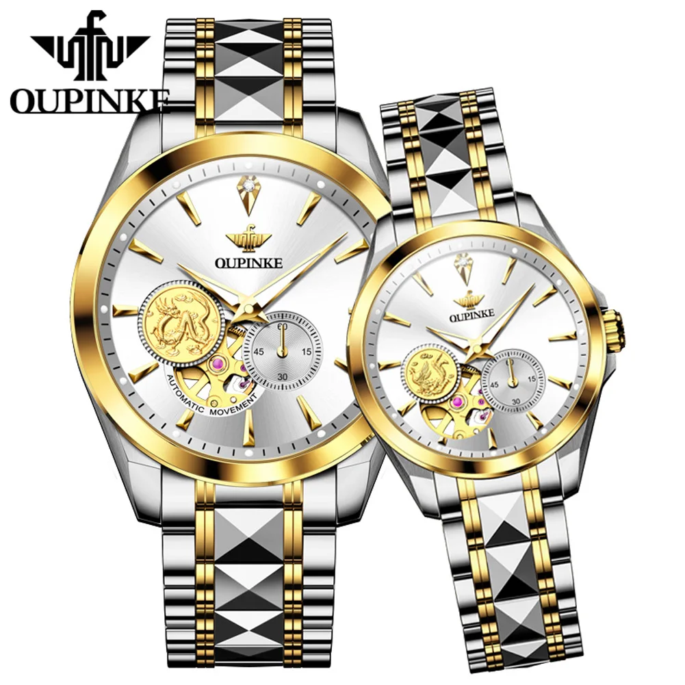 OUPINKE 3260 Real Diamond Mechanical Couple Watch For Men Women Luxury Original Dress Hand Clock Hollow Deep Waterproof Watches