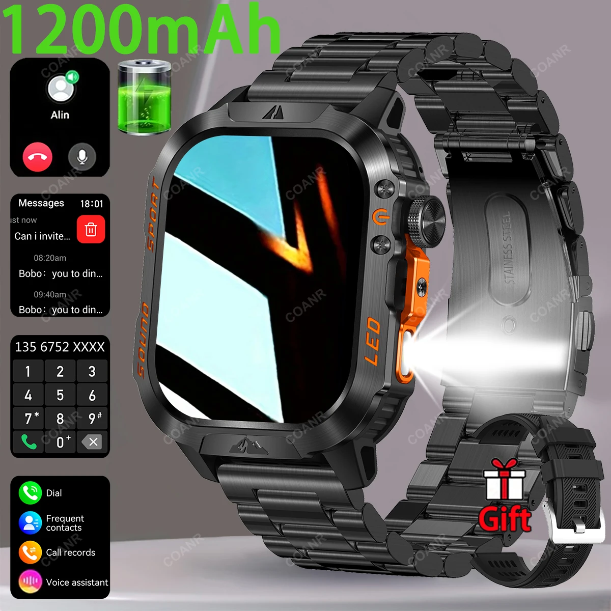 

Умные часы для активного отдыха и спорта с функцией отслеживания фитнеса, аккумулятором 1200 мАч, LED-фонариком, HD-экраном 2.01 дюйма, беспроводными звонками, мужские смарт-часы