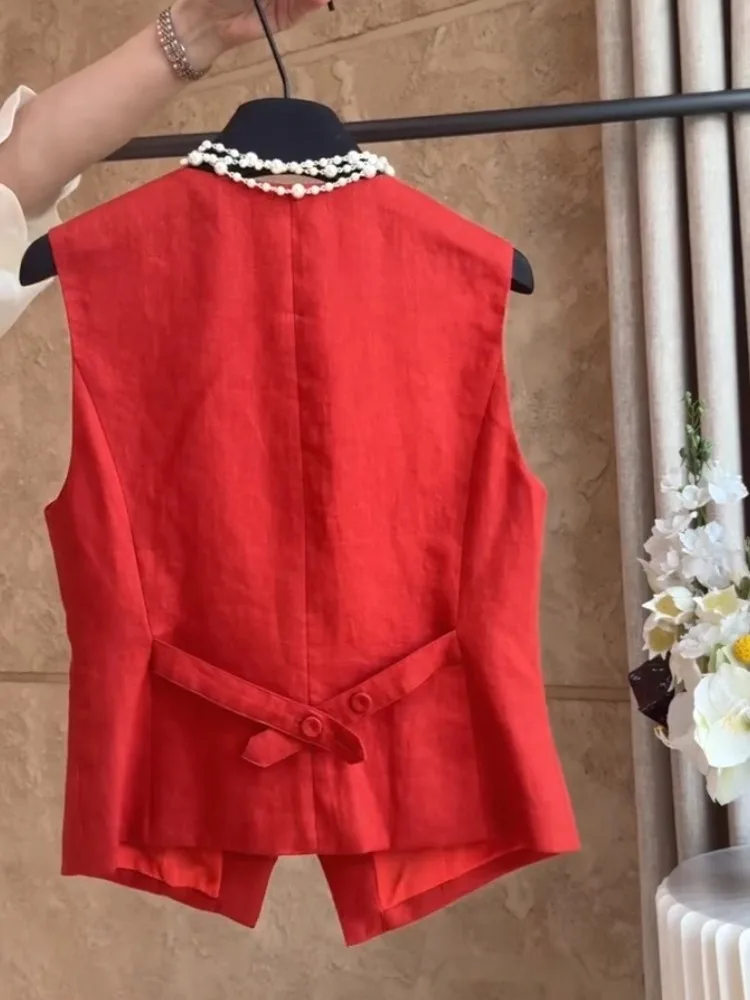 Letnia Lekka Czerwona Lniana Kamizelka Damska Cienka Elegancka Wyjątkowa Super Piękna Odmładzająca Osobowość Modny ...