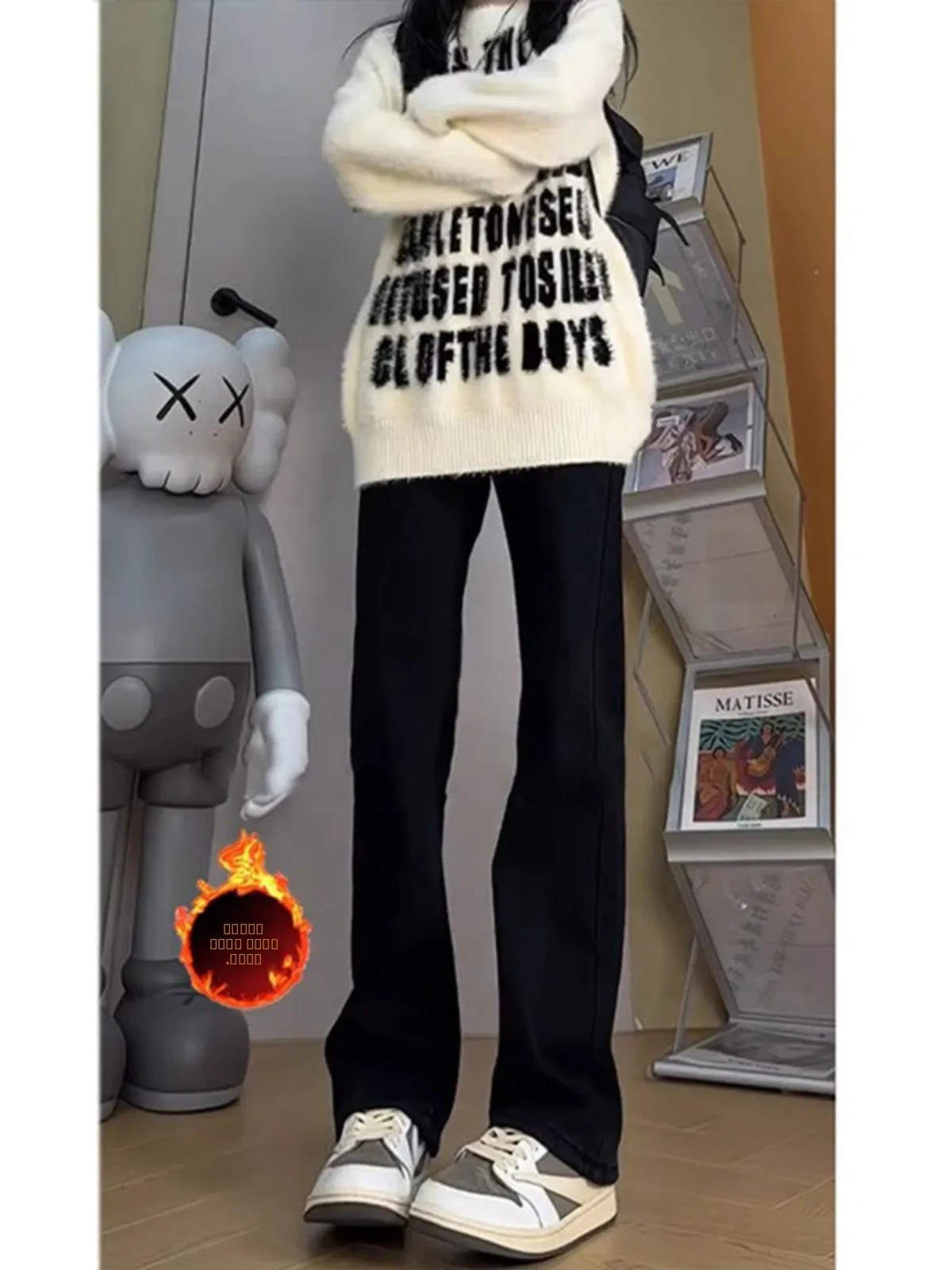 

Black Fleece Lined Men's Jeans Winter Warm Anti-Cold Slimming Flared Long Trousers Straight Leg Jeans Youth Trendy Cotton Pol...