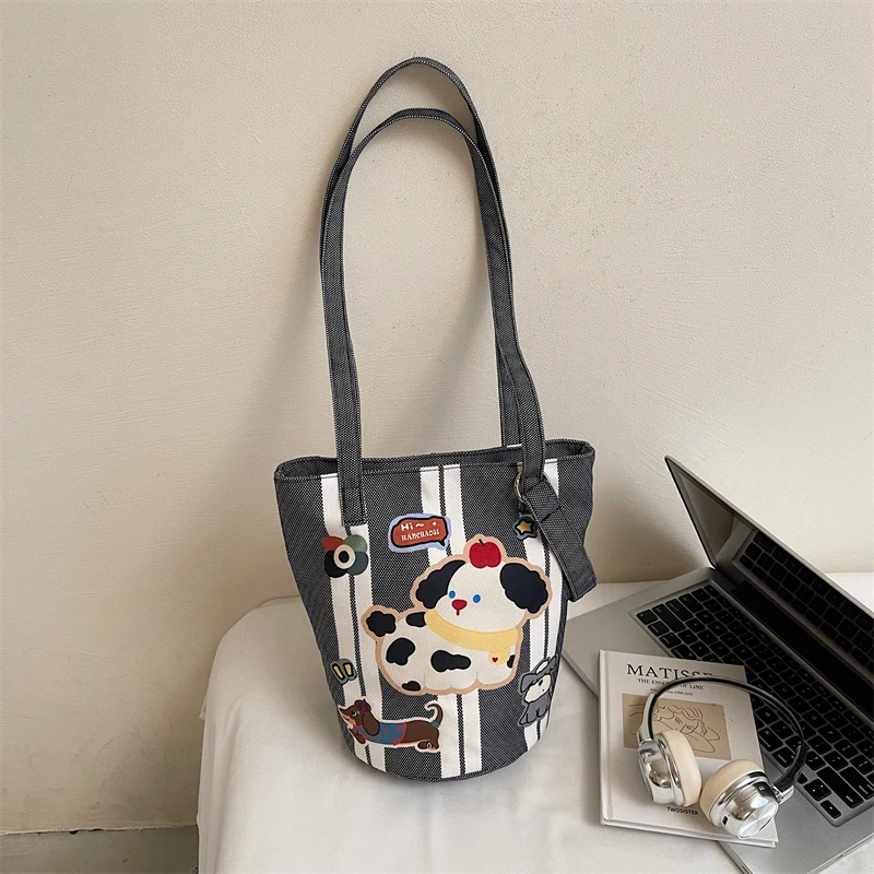 

Cute Cartoon Print Canvas Tote Bag for Women, Large Zipper Shoulder Bag with Adjustable Strap, Casual Daily Shopping Handbag