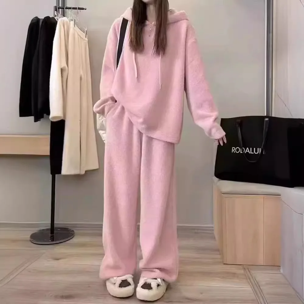 

Spring Autumn New Fashion Women's Solid Color Loose Casual Trendy Simple Basic 2 Pieces Sets Hooded Sweatshirts Trousers Female