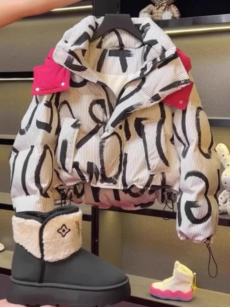 Fashion Y2k Down Jacket High Quality Graffiti Letter Short Pike Winter Detachable Cap Loose Thicken White Duck Puffer Coat Women