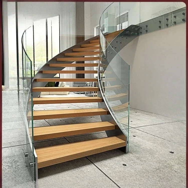 Tempered glass handrail stairs, double steel structure, solid wood tread stairs