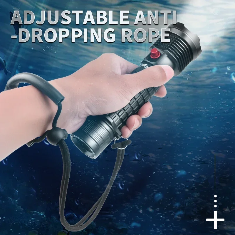 

Фонарик для дайвинга, перезаряжаемый сильный свет XHP70, фонарик для дайвинга с фокусом, водонепроницаемое погружное освещение, IPX-8, подводный фонарик