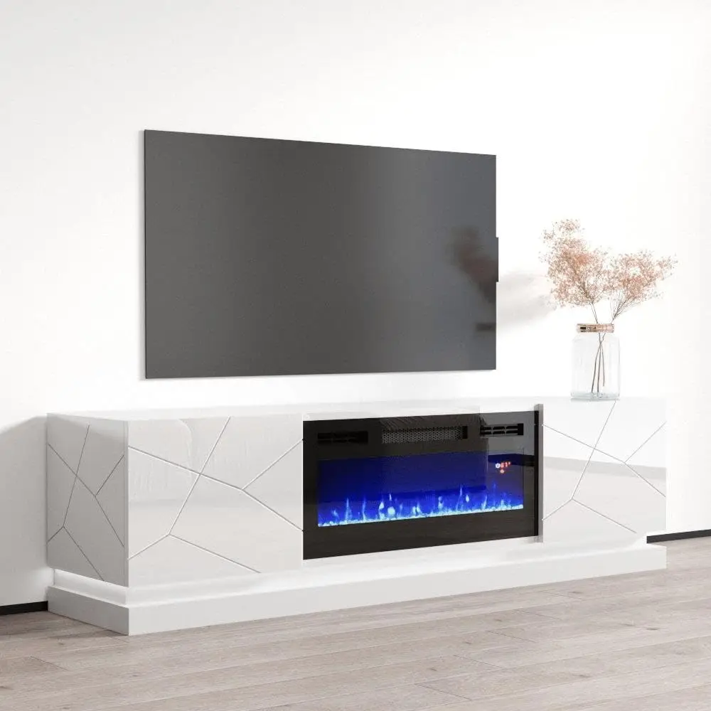 Modern High-Gloss Electric Fireplace TV Stand with LED Lights & Storage, Fits 80