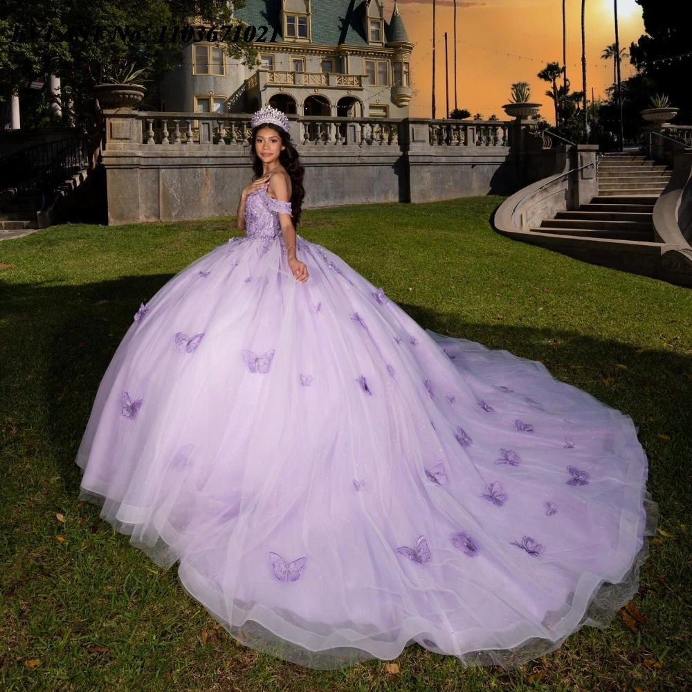 EVLAST Customized Glitter Lilac Lavender Quinceanera Dress Ball Gown Butterfly Applique Beads Sweet 16 Vestidos De 15 Anos SQ771