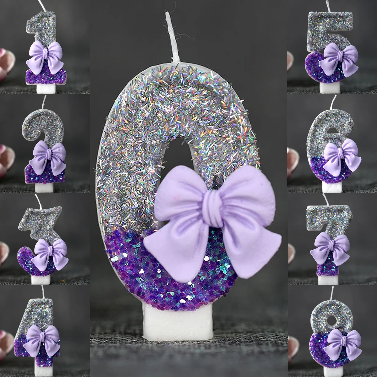 Purple 0-9 Number Candle 1Pc Free Combination Digital Birthday Wedding Cake Decoration Violet Bowknot