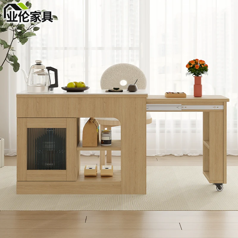 Log wind rock slab sofa side cabinet Side cabinet Movable coffee table Tea table with wheels Retractable tea table 3J45