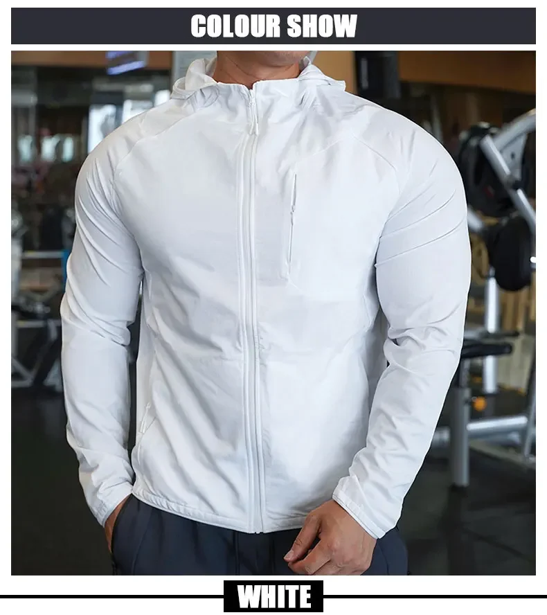Hochwertiger Nylon-Sportmantel für Herren, Fitnessstudio, Fitness, Hoodies, Outdoor-Workout-Tops, Kapuzentraining, Laufen, Reißverschlussjacke, Kleidung – Detail 13