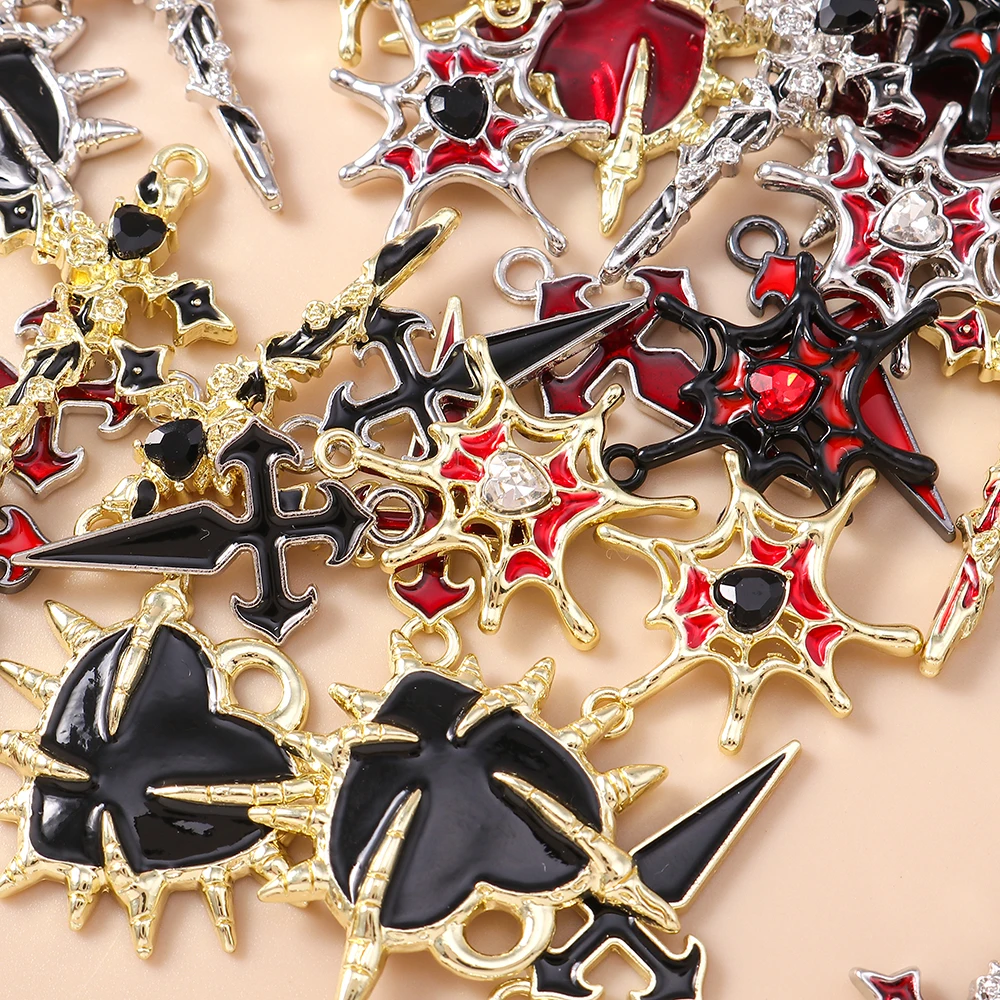 Leslie 5 Stück Retro Gothic Spinnennetz Herz Kreuz Charms für Schmuckherstellung Metall Steampunk Herz Anhänger DIY Ohrringe Halsketten – Detail 1