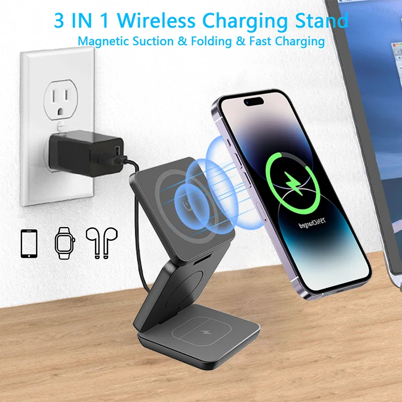 3-in-1 faltbarer 30 W magnetischer kabelloser Ladeständer Macsafe für iPhone 15 14 13 Apple Watch 8 7 6 Airpods Schnellladestation