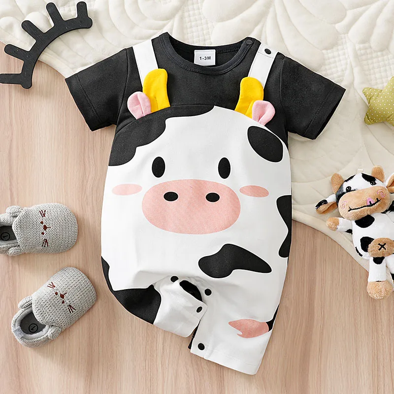 Baby Boy Romper Cartoon Cow Print Fake Two Piece Short Sleeve Jumpsuit Newborn Cute Animal Onesie Toddler Casual Clothes 0-18M