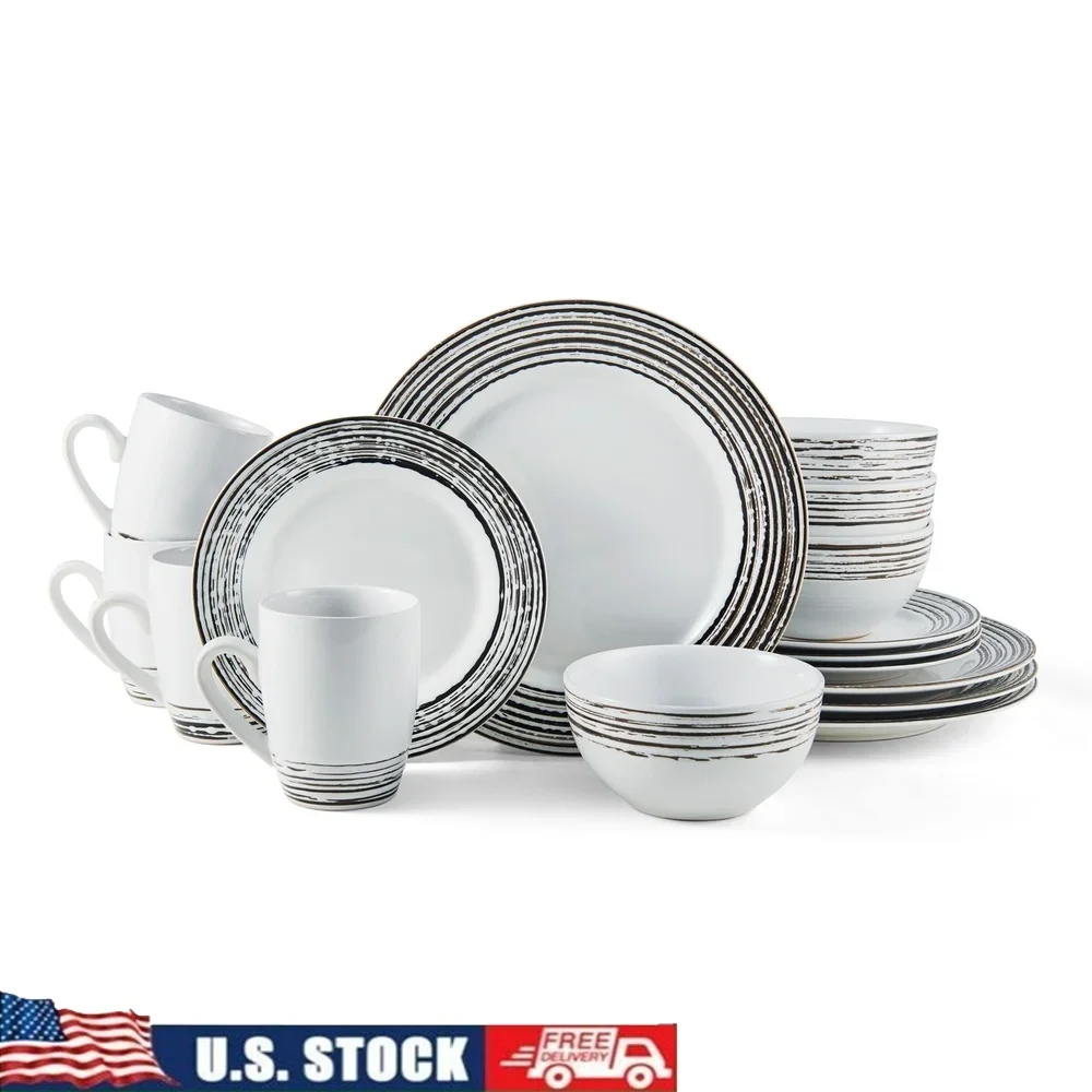 

16-Piece Stoneware Dinnerware Set Unique Reactive Glaze Rustic Brushstroke Design Microwave Dishwasher Safe Durable Service 4