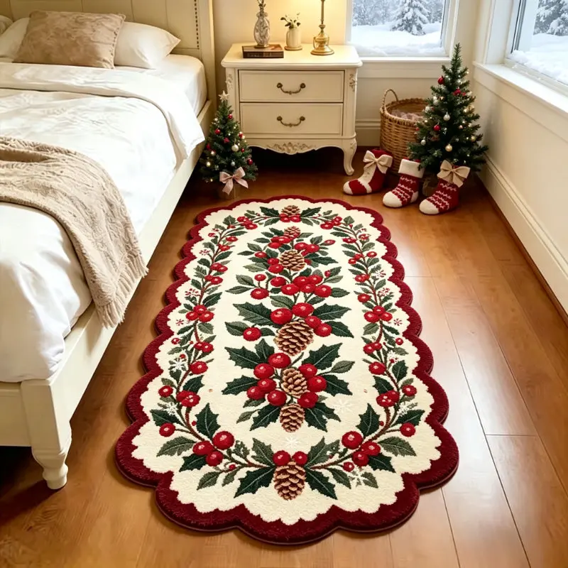 VIKAMA Christmas Holly Bell Scalloped Runner Rug, Soft Flannel Hallway Carpet, Non Slip Washable Bedside Mat with Pinecone