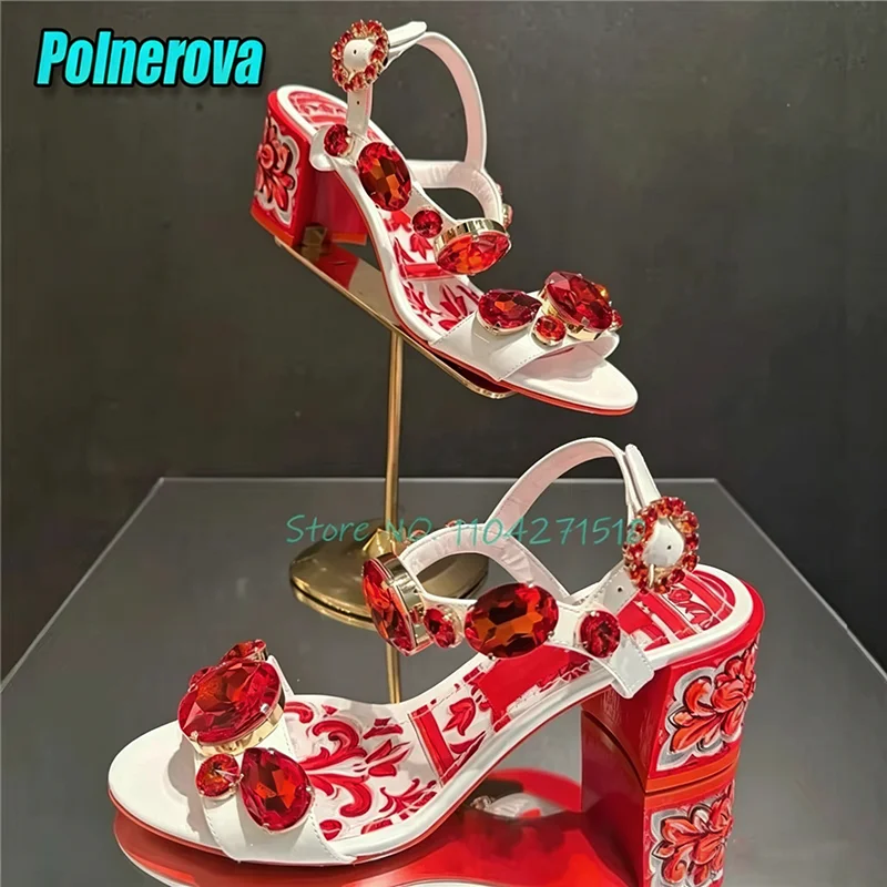 Bohemian Crystal Ankle Buckle High Heels Floral Print Open Toe 6CM Thick Heel Sandals Summer Luxury Fairy Party Banquet Shoes