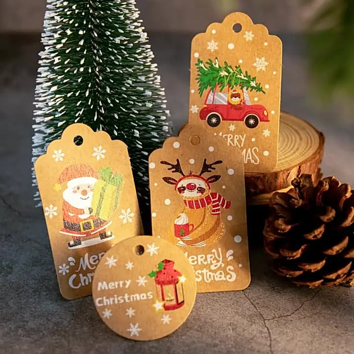 50Pcs Christmas Hanging Tag Kraft Paper DIY Xmas Tree Gifts Tags Labels Packaging Ornament Christmas Decorations 2024 New Year
