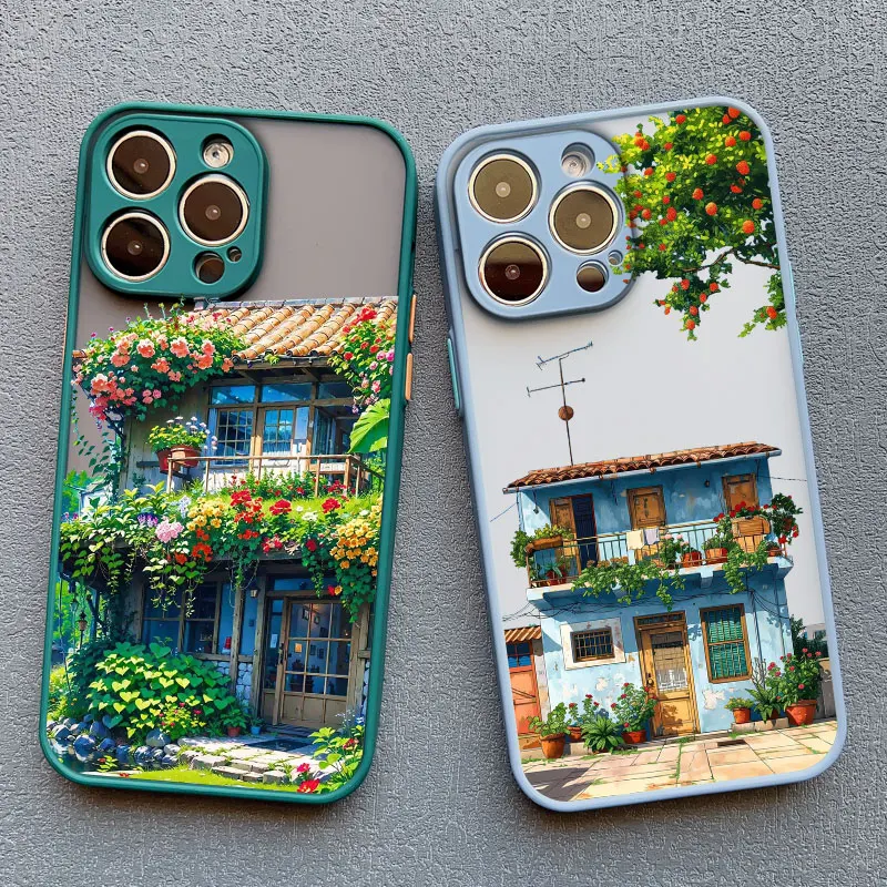 Vintage Garden House Phone Case For iPhone 17 11 13 12 Mini Pro Max 16 15 14 Plus Pro Max XR XS X Shockproof Back Cover Fundas