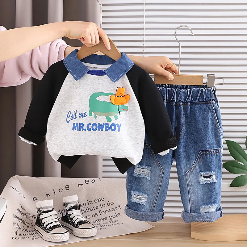 Boys Clothing Set 2026 Spring Autumn Color Blocked Denim Collar Crocodile Print Sweatshirt+Ripped Jeans 2PCS Children Outfits