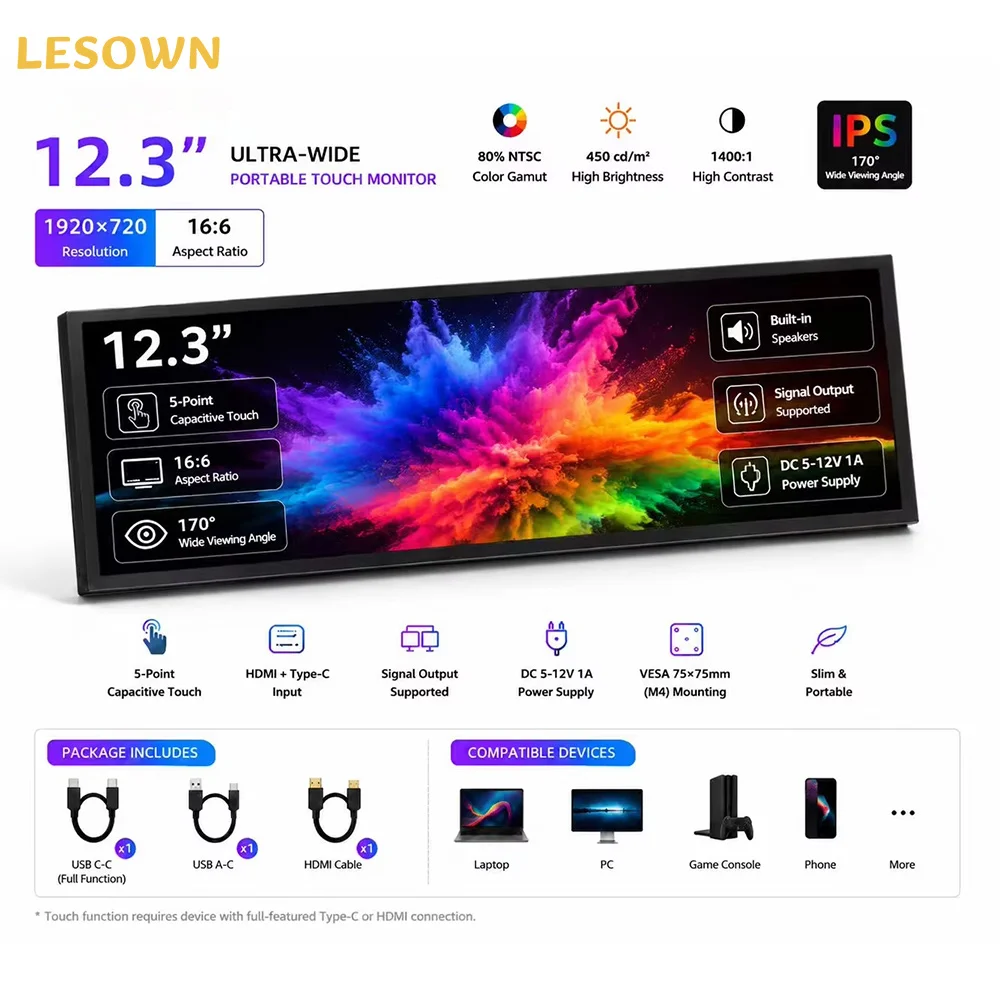 LESOWN Embedded Development Stretched Screen 12.3-inch 16:6 Capacitive Monitor for DIY Electronics with Type-C Input