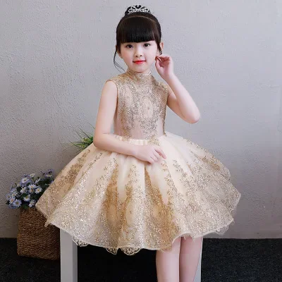 

Elegant Golden Tulle Flower Girl Dress Party Kids Pageant Gown Princess Wedding Dress Sleeveless First Communion Dresses 1-14T