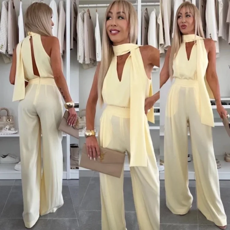

Elegant Women Corset Wide Leg Jumpsuit New Y2K Loose Sleeveless Hollow Out Lace Up Overalls One Pieces Night Clubwear Streetwear