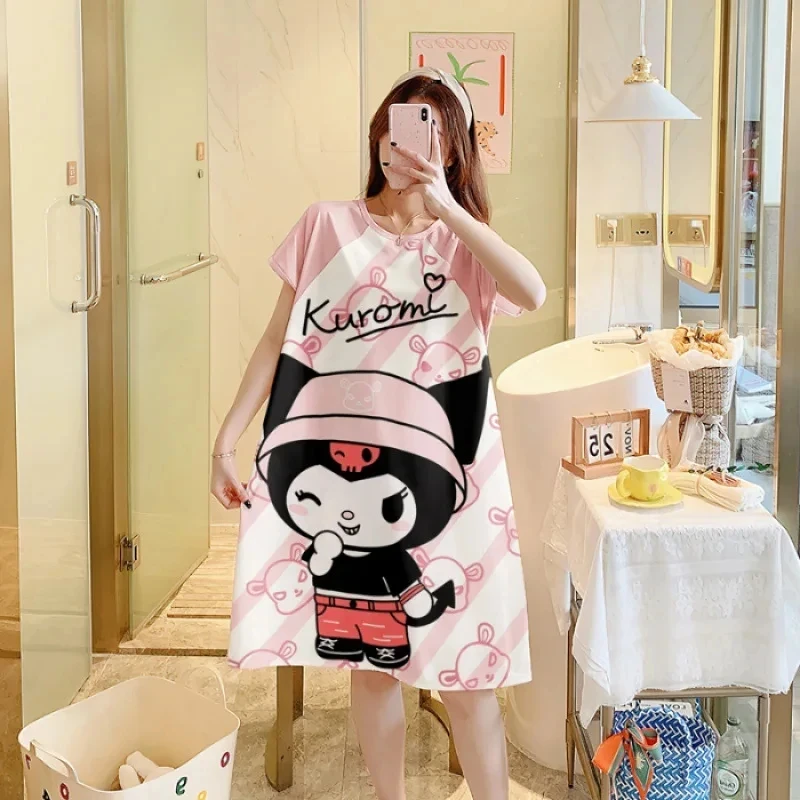 Kawaii Hello Kitty Summer New Ladies Nightdress Anime Sanrio Kuromi Pachacco Cartoon Cute Sweet Cotton Pajamas Homewear 2024