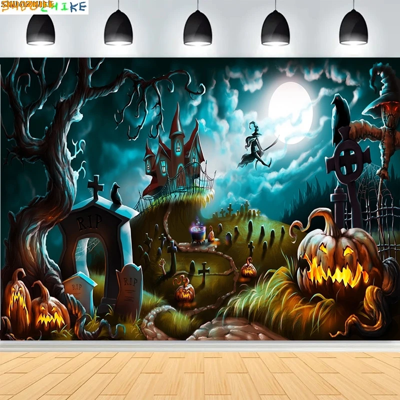 

Autumn Thanksgiving Day Photography Backdrops Fall Scary Pumpkin Barn Moon Halloween Day Party Castle Photo Background NG-38