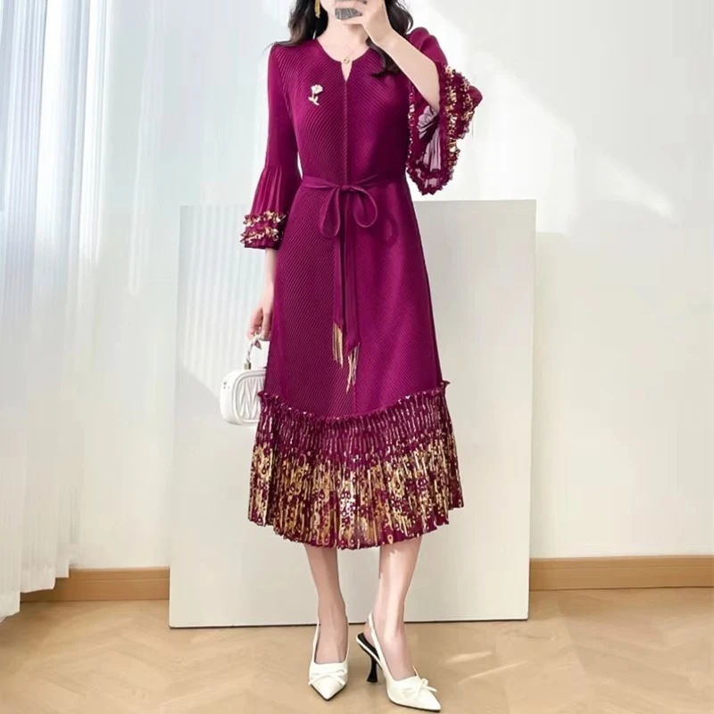 ANLAN New Miyaki High Elastic Gold Foil Printing Women's Pleated Dress Three Quarter Flared Sleeve V-Neck Pullover Tie Clothing