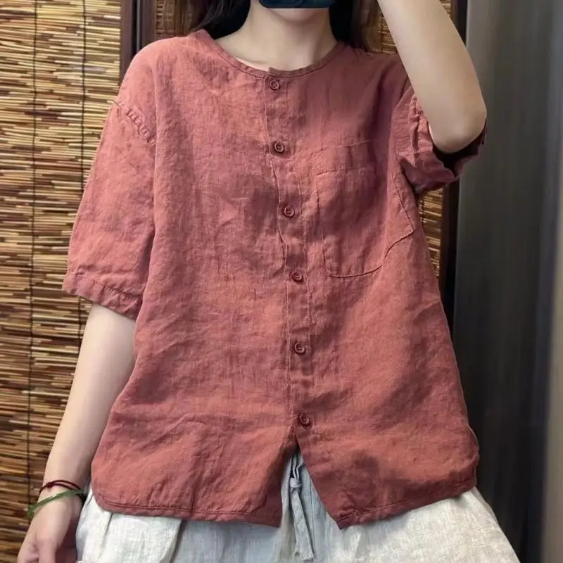 Women Summer Simplicity Loose Elegant Cotton and Linen Solid Color O-neck Short Sleeve Shirts Ladies Casual All-match Thin Tops