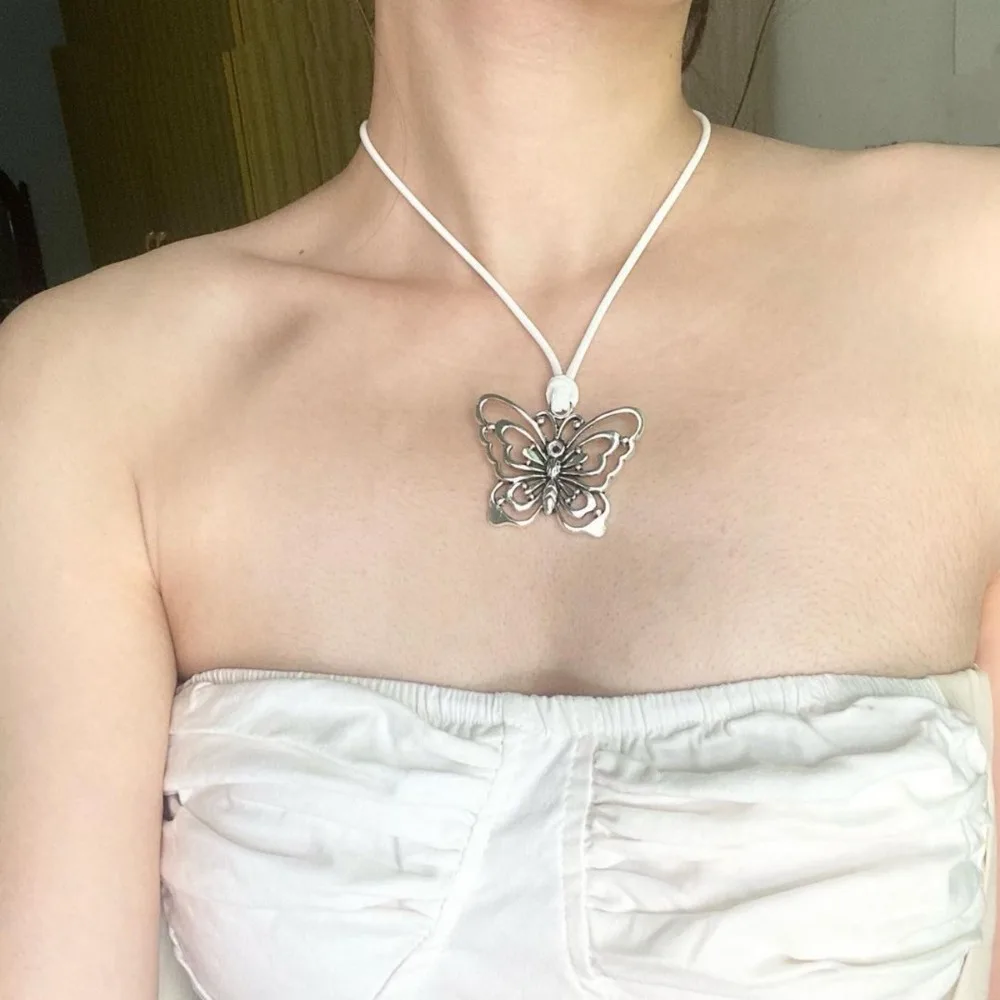 Y2k Punk Silver Color Hollow Out Butterfly Pendant Black White Rope Couple Necklace for Women Men Hip Hop Statement Jewelry Gift