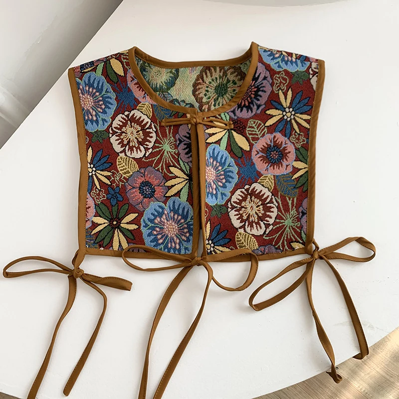 Women Chic Embroidered Shoulder Scarf Shawl Wrap Literary Fashion Floral Shirt Fake Collars Retro Vest Waistcoat Female Cape